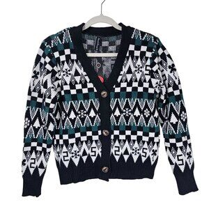 Sacred Threads Geometric Button-Up Cardigan Sweater S Black/Green Artsy NWT